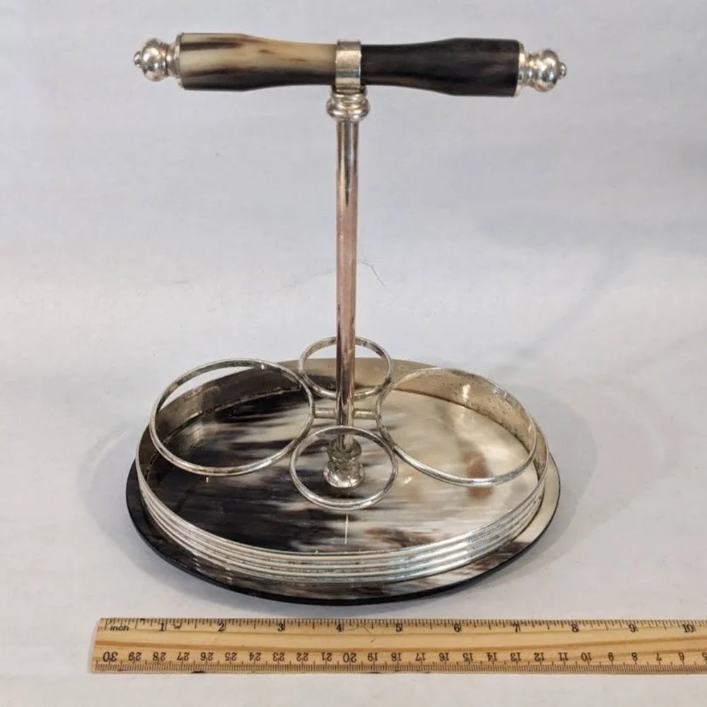 Vintage Silverplate Cruet Stand with Horn Inlay Base and Handle 4 Bottle Holder‎
